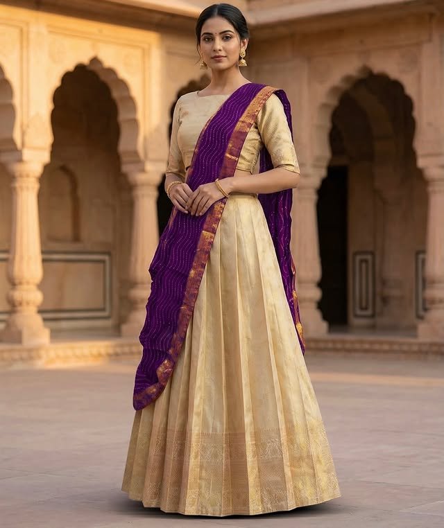 Regal Champagne Silk Lehenga with Violet Dupatta